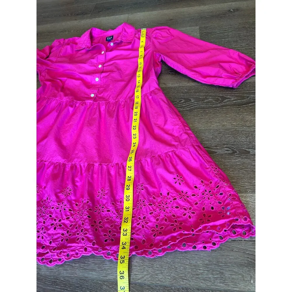 GAP Women’s M Hot Pink Eyelet Hem Tunic Dress 3/4 Sleeve Button Front Cotton - Picture 6 of 7